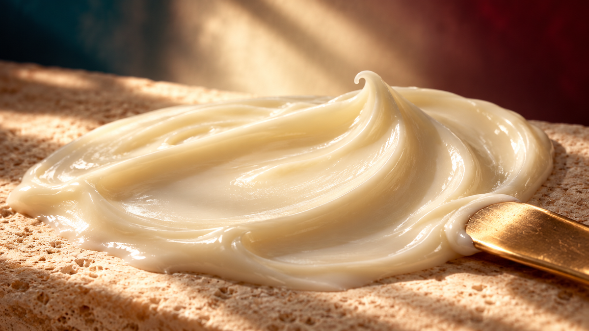Sculptural ivory skincare cream in warm light